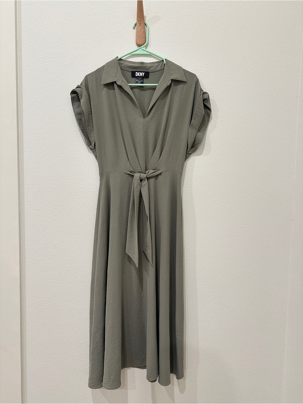 DKNY Sage Green Tie-Waist Collared Midi Dress